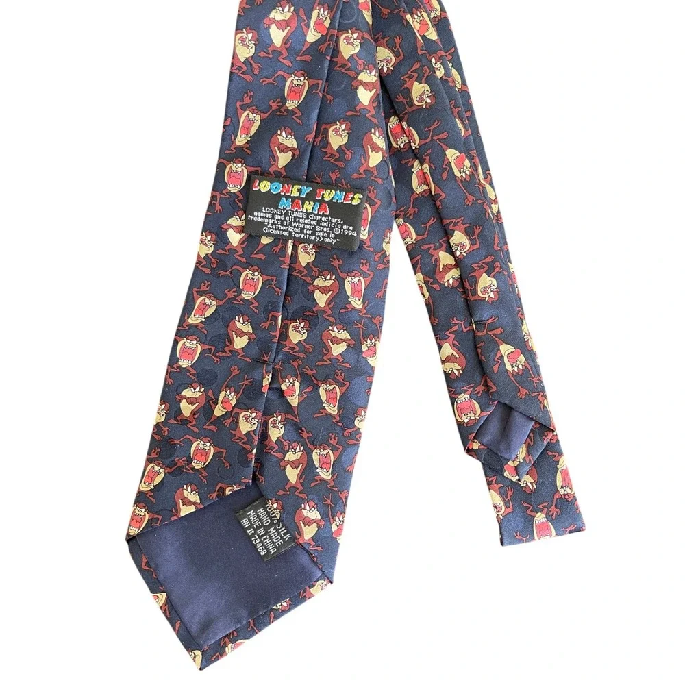 Vintage 90s Looney Tunes Mania Taz Tasmanian Devil Silk Tie Navy Blue Polka Dot